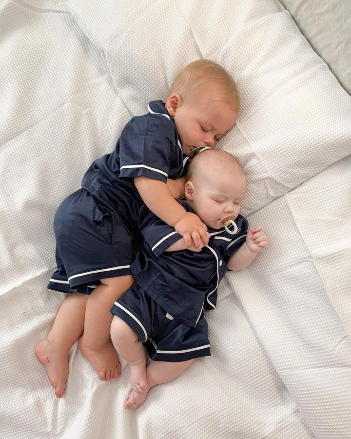 Kids Satin Personalised Pyjama Set - Short Sleeve Navy/White