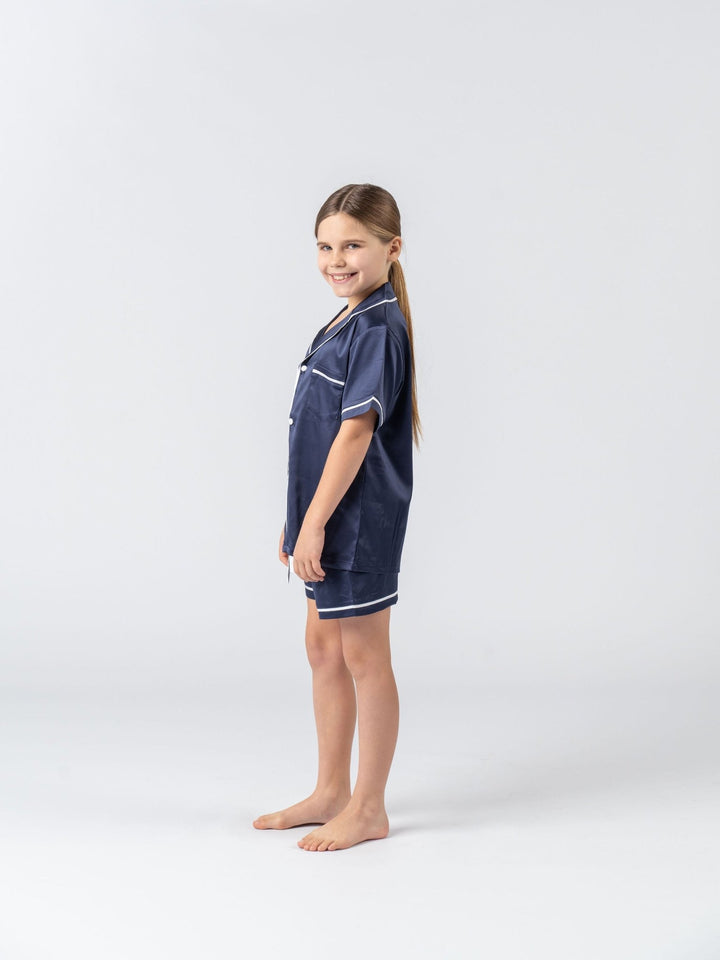 Kids Satin Personalised Pyjama Set - Short Sleeve Navy/White