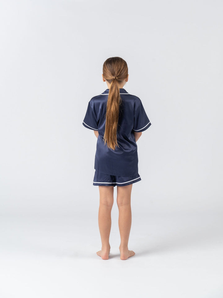 Kids Satin Personalised Pyjama Set - Short Sleeve Navy/White