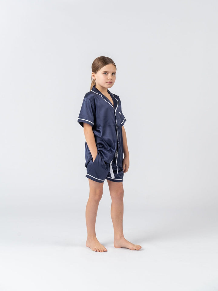 Kids Satin Personalised Pyjama Set - Short Sleeve Navy/White