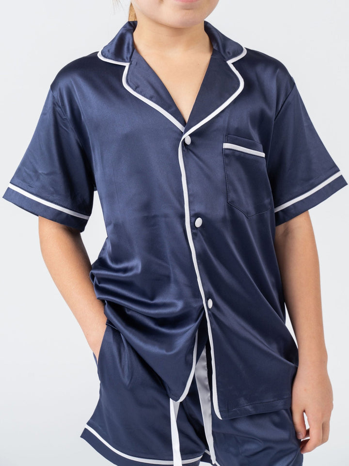 Kids Satin Personalised Pyjama Set - Short Sleeve Navy/White