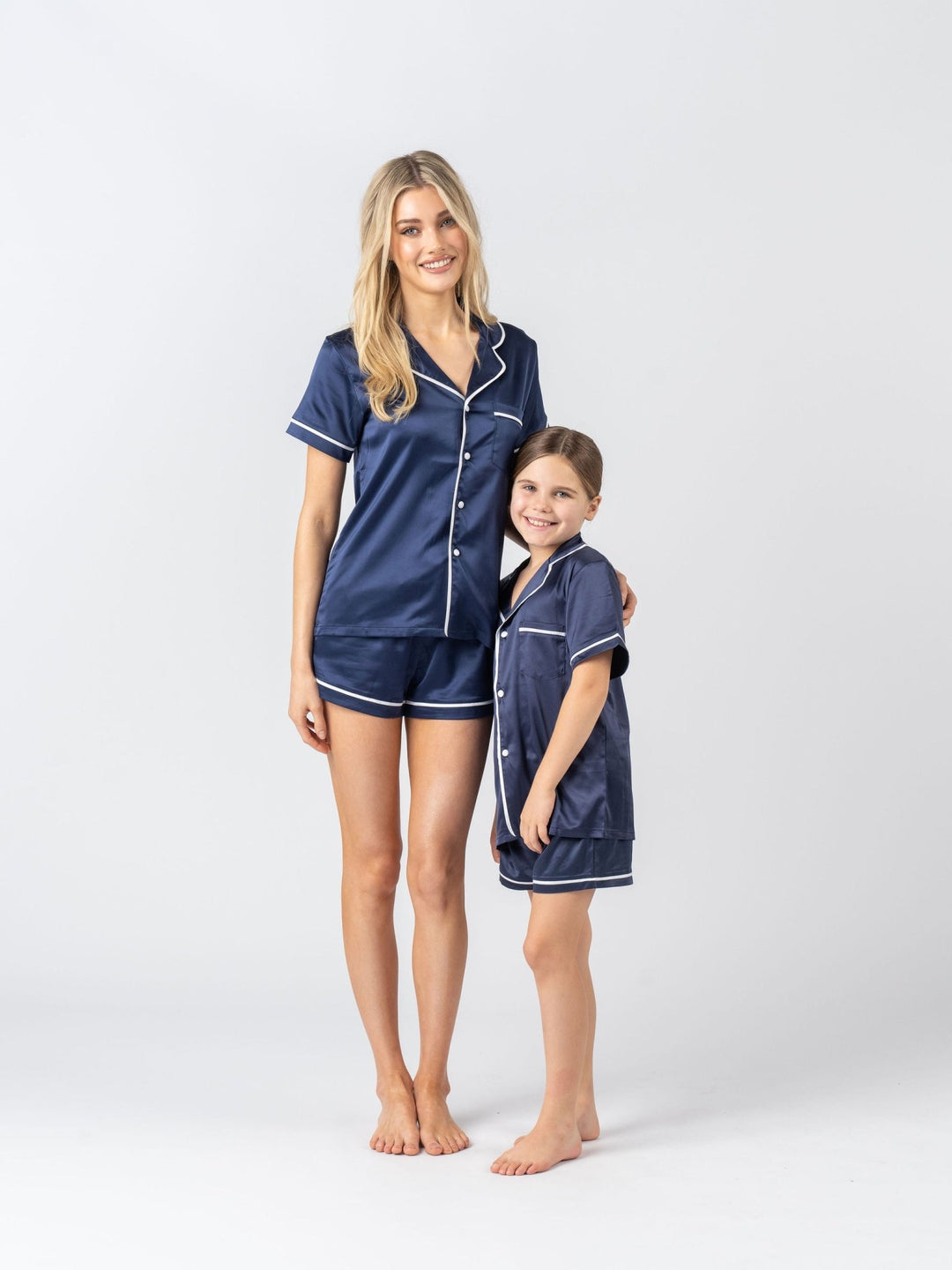 Kids Satin Personalised Pyjama Set - Short Sleeve Navy/White