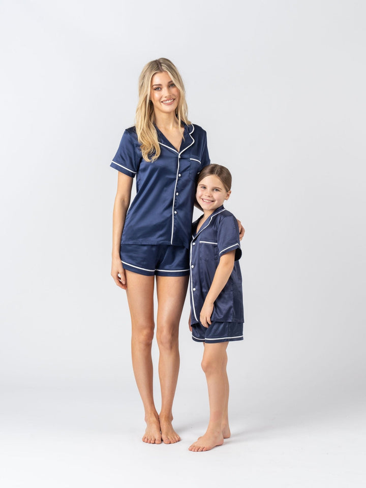 Kids Satin Personalised Pyjama Set - Short Sleeve Navy/White