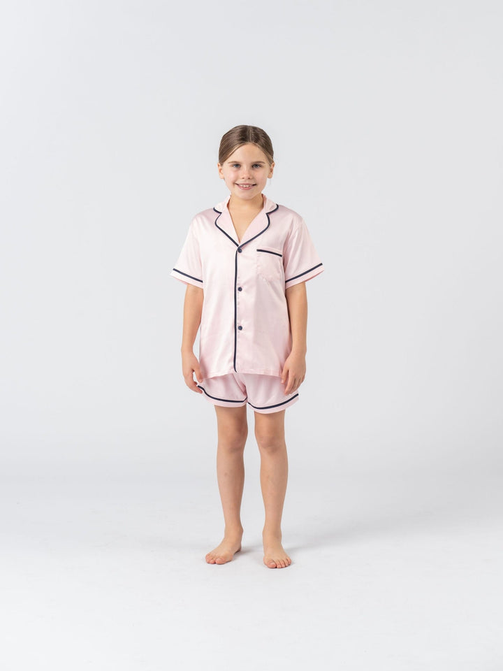 Kids Satin Personalised Pyjama Set - Short Sleeve Pink/Navy