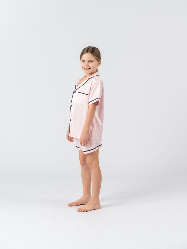 Kids Satin Personalised Pyjama Set - Short Sleeve Pink/Navy