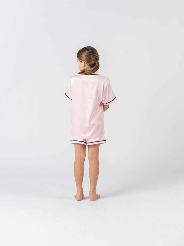 Kids Satin Personalised Pyjama Set - Short Sleeve Pink/Navy