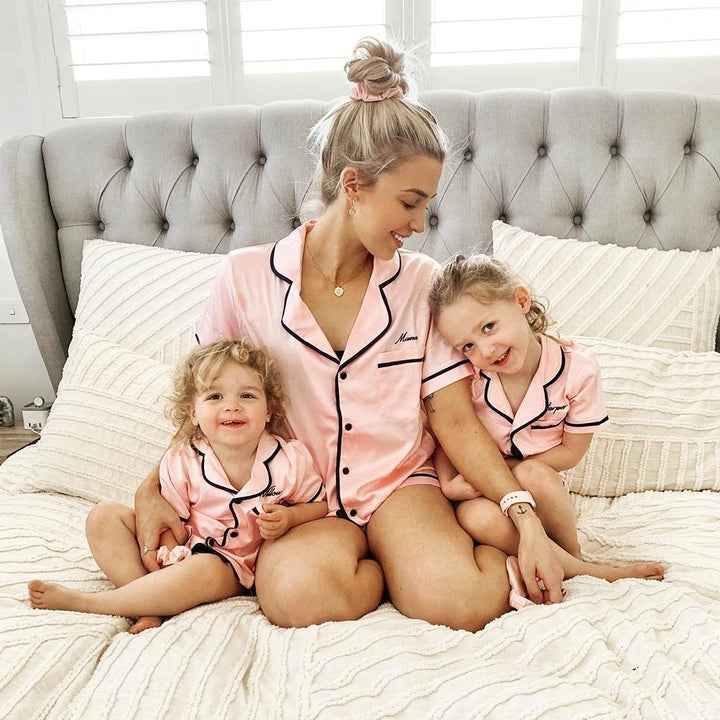 Kids Satin Personalised Pyjama Set - Short Sleeve Pink/Navy