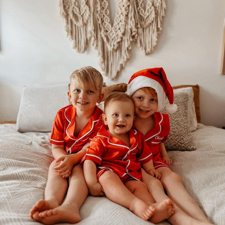 Kids Satin Personalised Pyjama Set - Short Sleeve Red/White