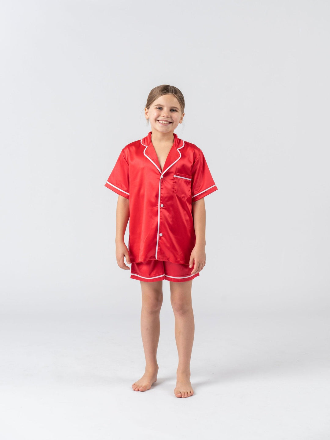 Kids Satin Personalised Pyjama Set - Short Sleeve Red/White