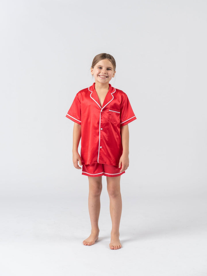 Kids Satin Personalised Pyjama Set - Short Sleeve Red/White