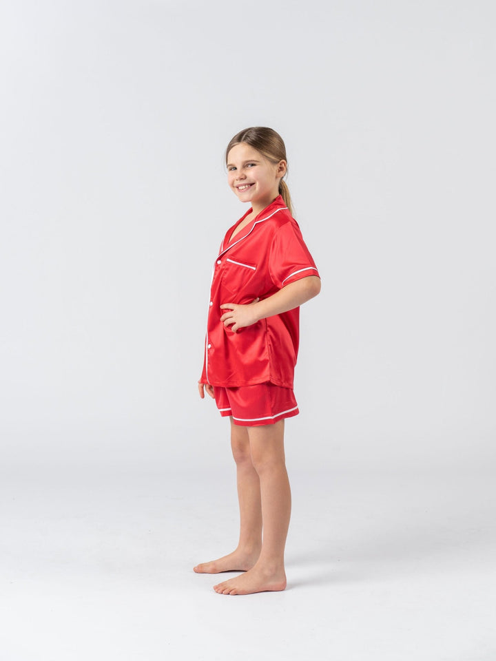 Kids Satin Personalised Pyjama Set - Short Sleeve Red/White