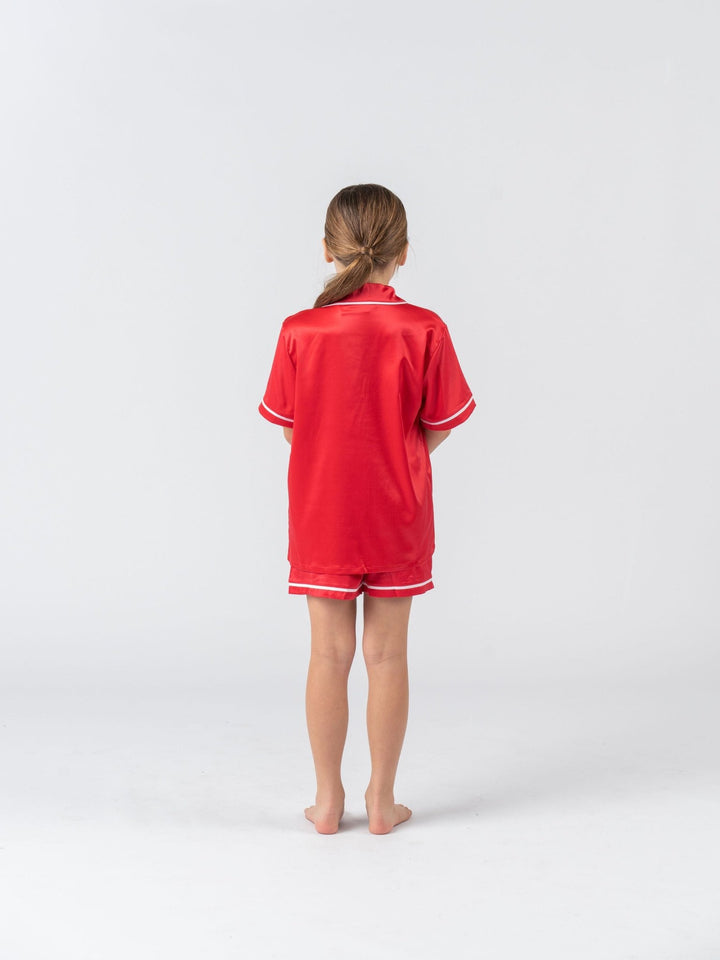 Kids Satin Personalised Pyjama Set - Short Sleeve Red/White
