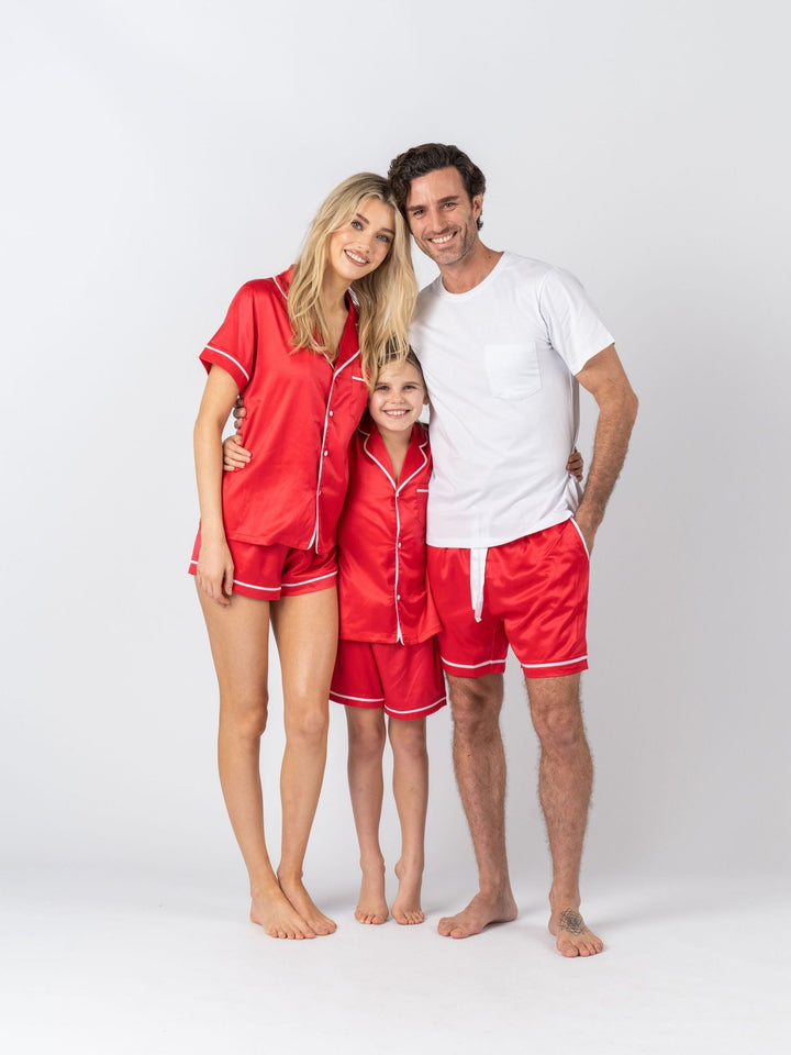 Kids Satin Personalised Pyjama Set - Short Sleeve Red/White