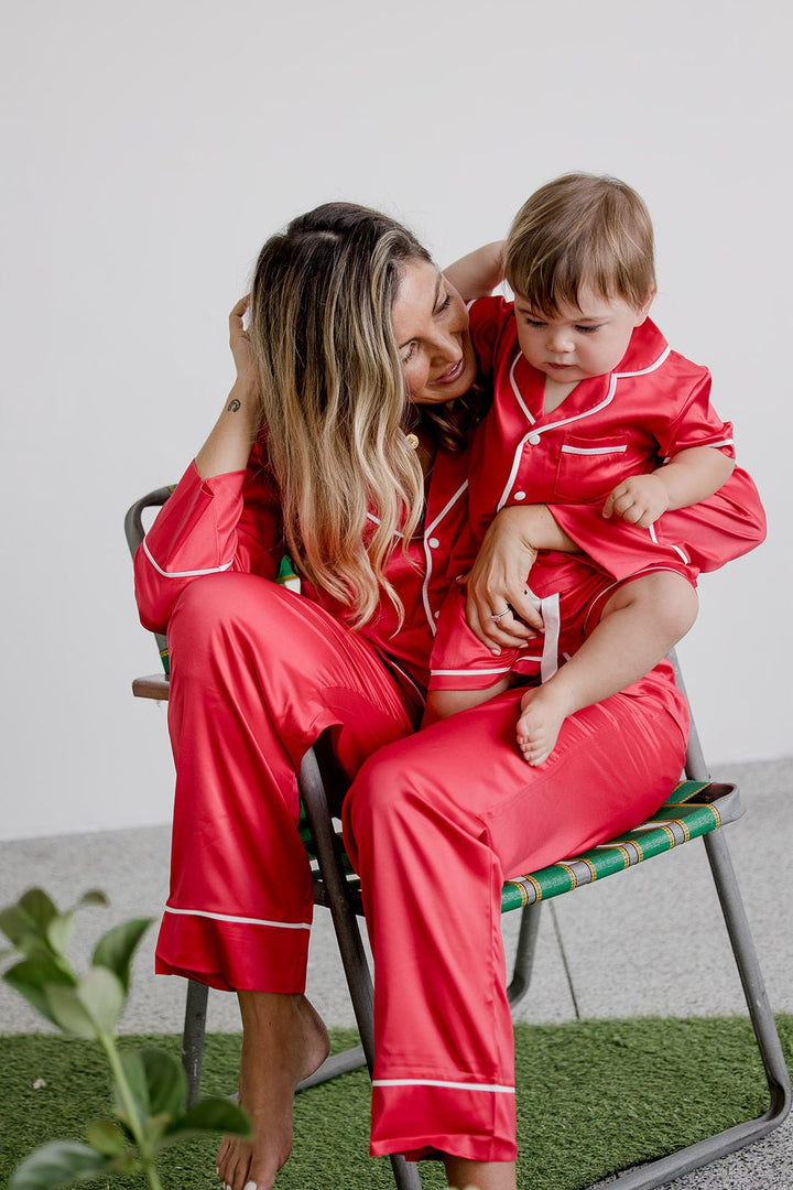 Kids Satin Personalised Pyjama Set - Short Sleeve Red/White