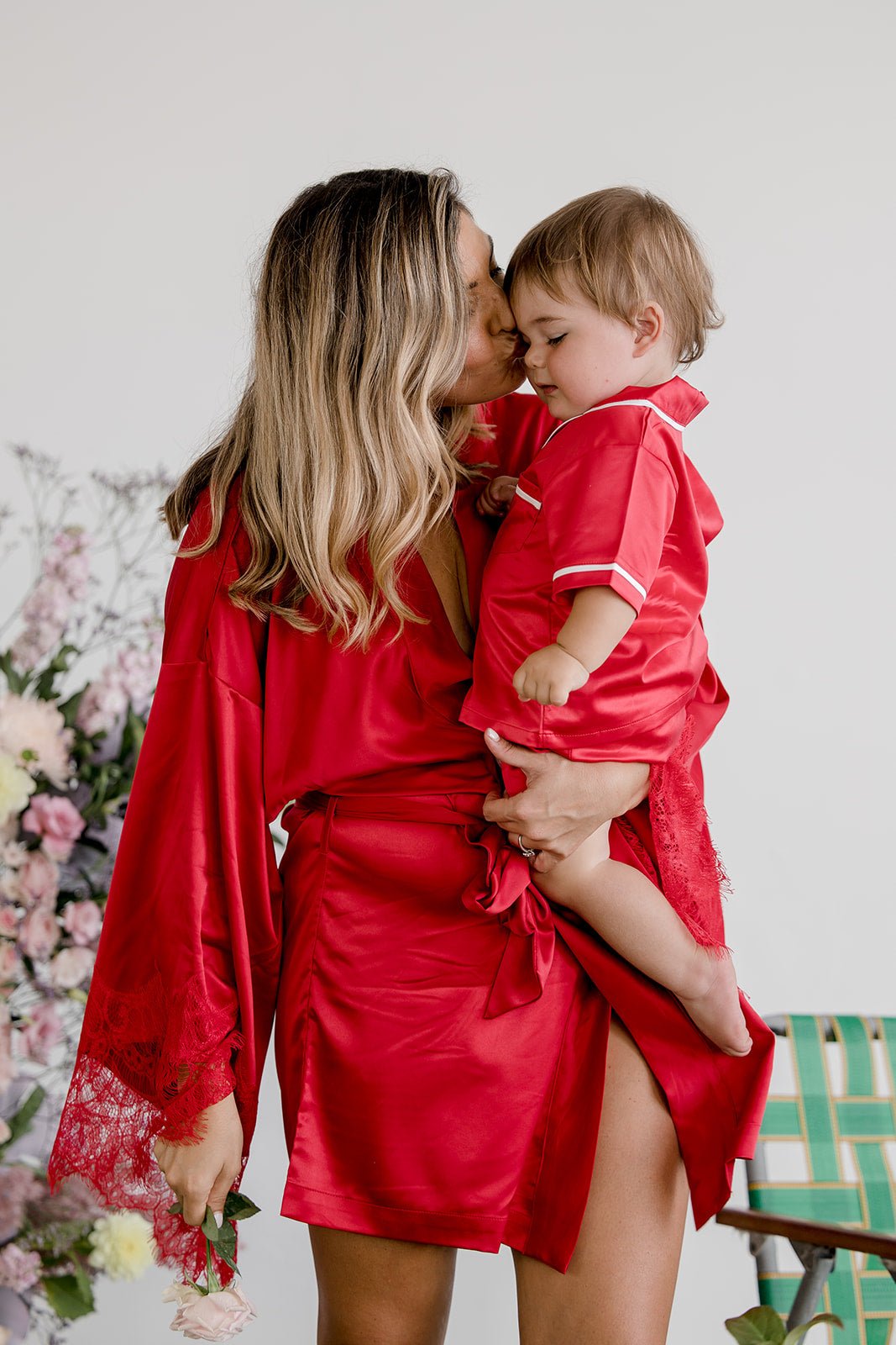 Kids Satin Personalised Pyjama Set - Short Sleeve Red/White