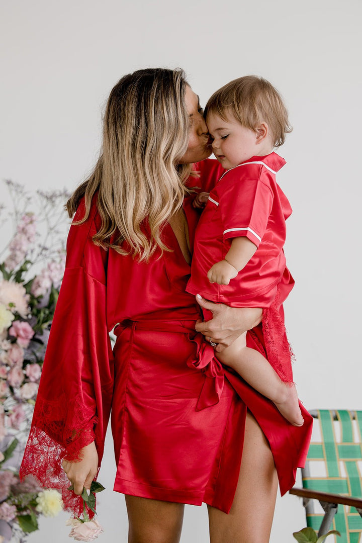 Kids Satin Personalised Pyjama Set - Short Sleeve Red/White