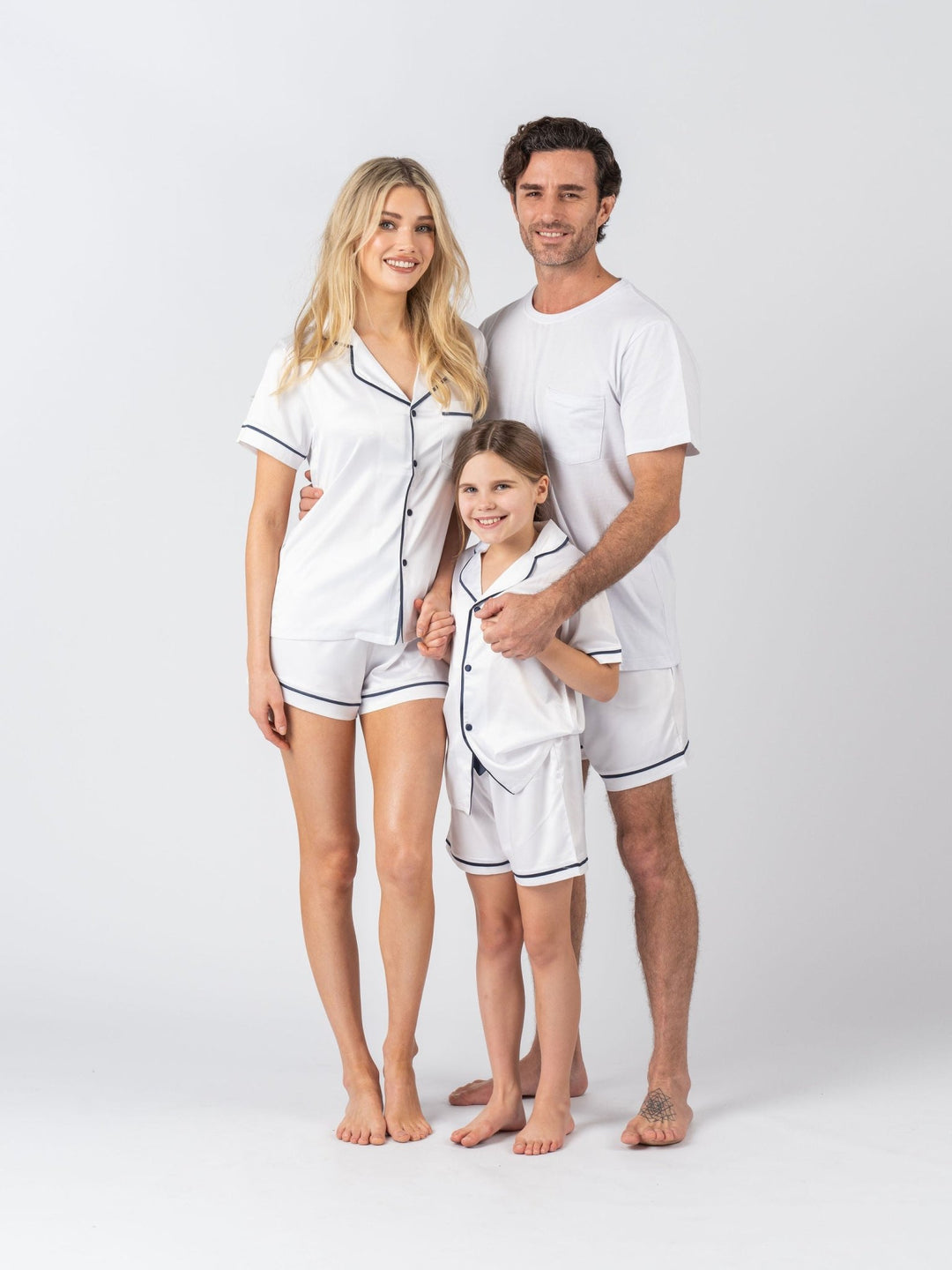 Kids Satin Personalised Pyjama Set - Short Sleeve White/Navy