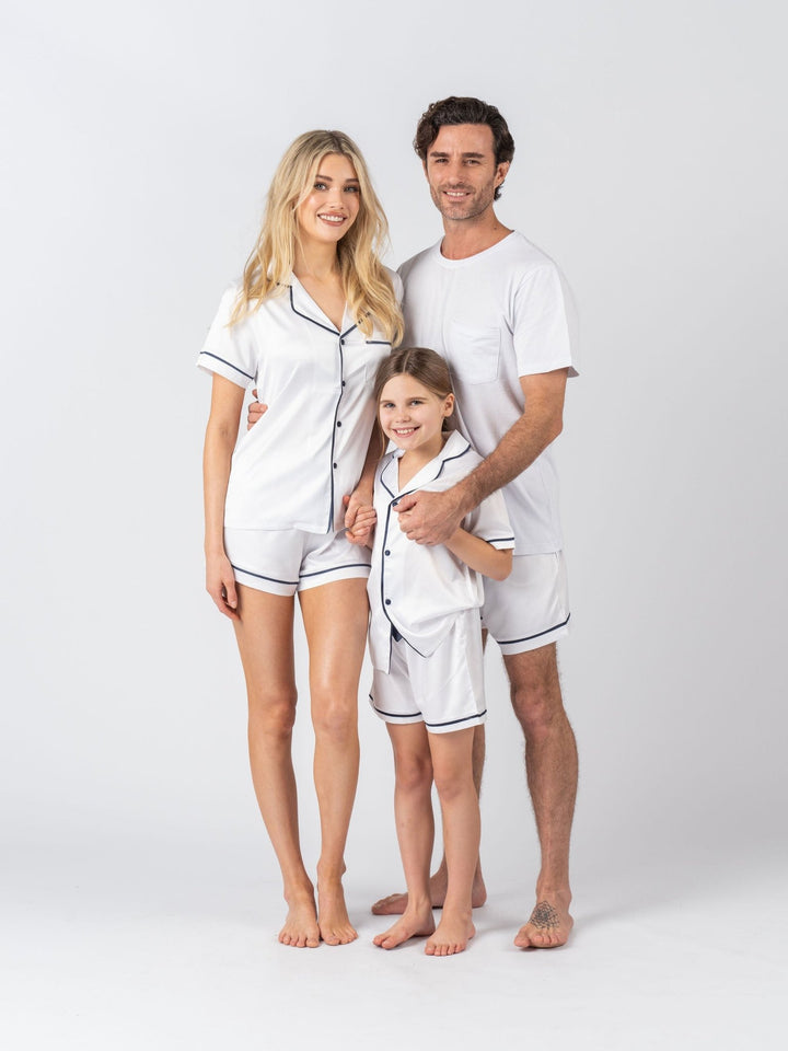 Kids Satin Personalised Pyjama Set - Short Sleeve White/Navy