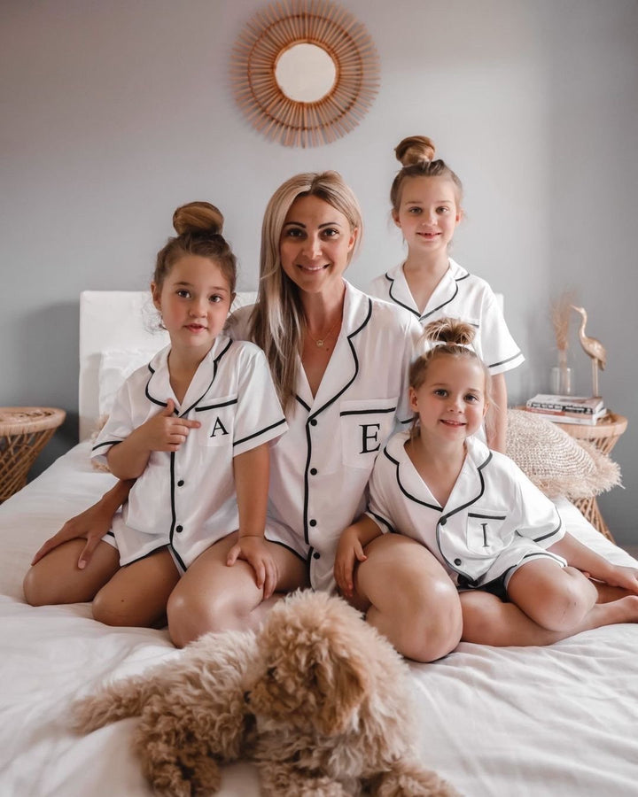 Kids Satin Personalised Pyjama Set - Short Sleeve White/Navy