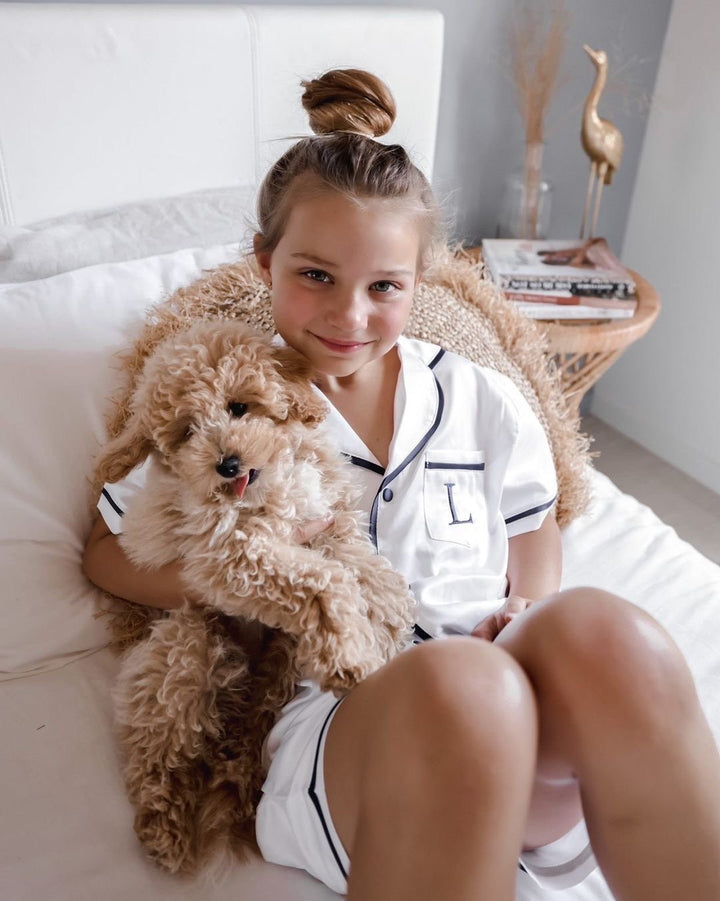 Kids Satin Personalised Pyjama Set - Short Sleeve White/Navy