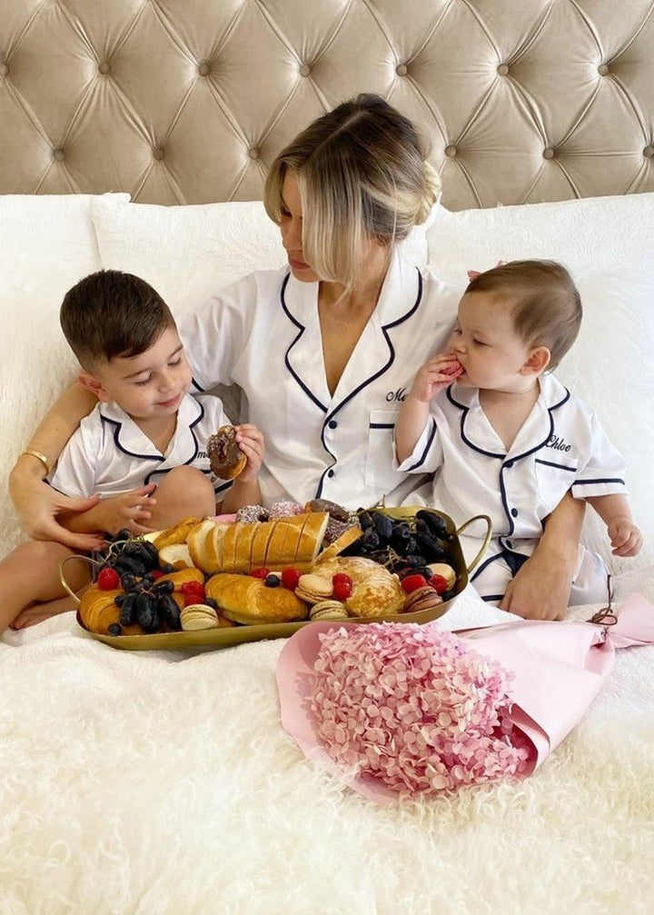 Kids Satin Personalised Pyjama Set - Short Sleeve White/Navy