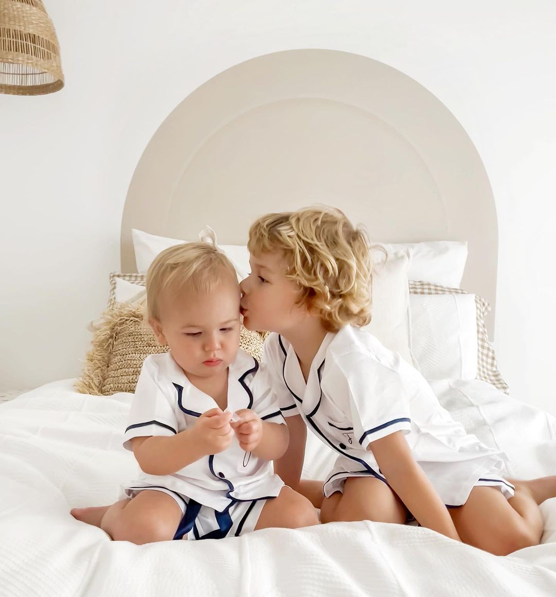 Kids Satin Personalised Pyjama Set - Short Sleeve White/Navy