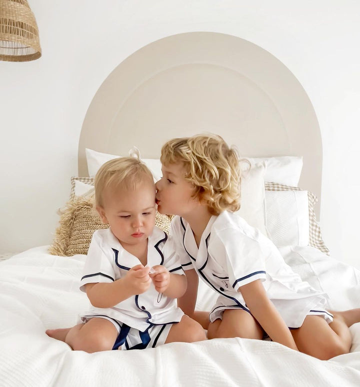 Kids Satin Personalised Pyjama Set - Short Sleeve White/Navy