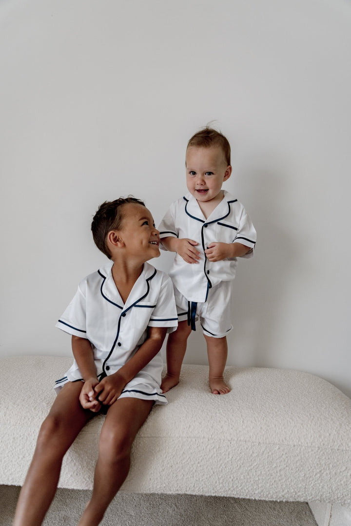 Kids Satin Personalised Pyjama Set - Short Sleeve White/Navy