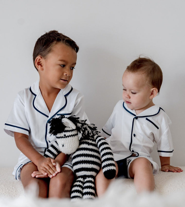 Kids Satin Personalised Pyjama Set - Short Sleeve White/Navy