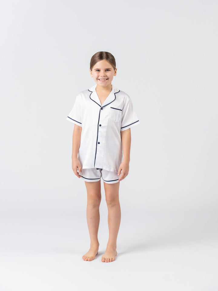 Kids Satin Personalised Pyjama Set - Short Sleeve White/Navy