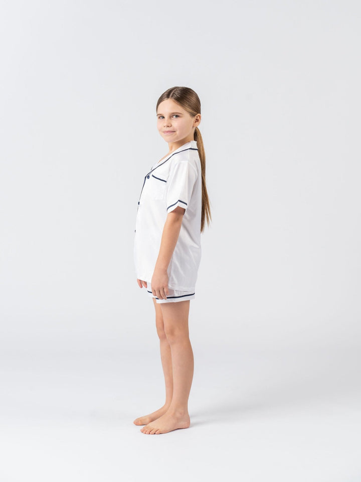 Kids Satin Personalised Pyjama Set - Short Sleeve White/Navy