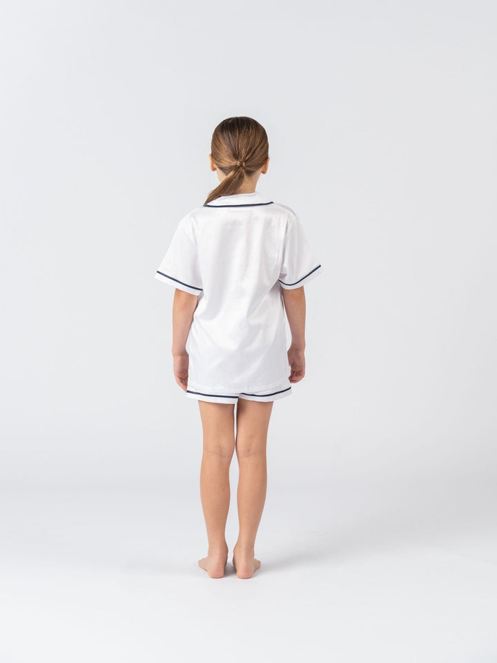 Kids Satin Personalised Pyjama Set - Short Sleeve White/Navy