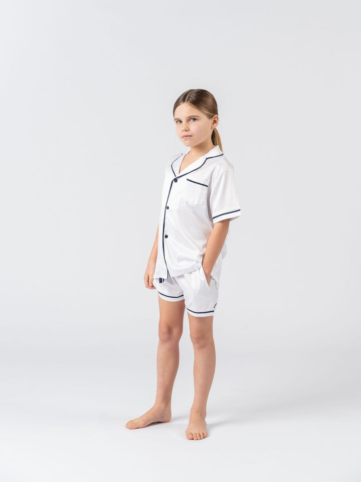 Kids Satin Personalised Pyjama Set - Short Sleeve White/Navy