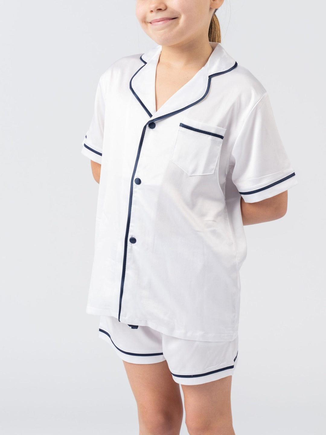 Kids Satin Personalised Pyjama Set - Short Sleeve White/Navy