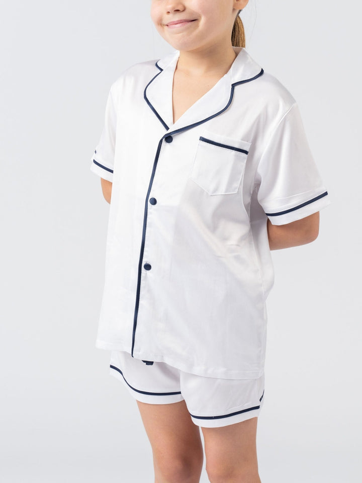 Kids Satin Personalised Pyjama Set - Short Sleeve White/Navy