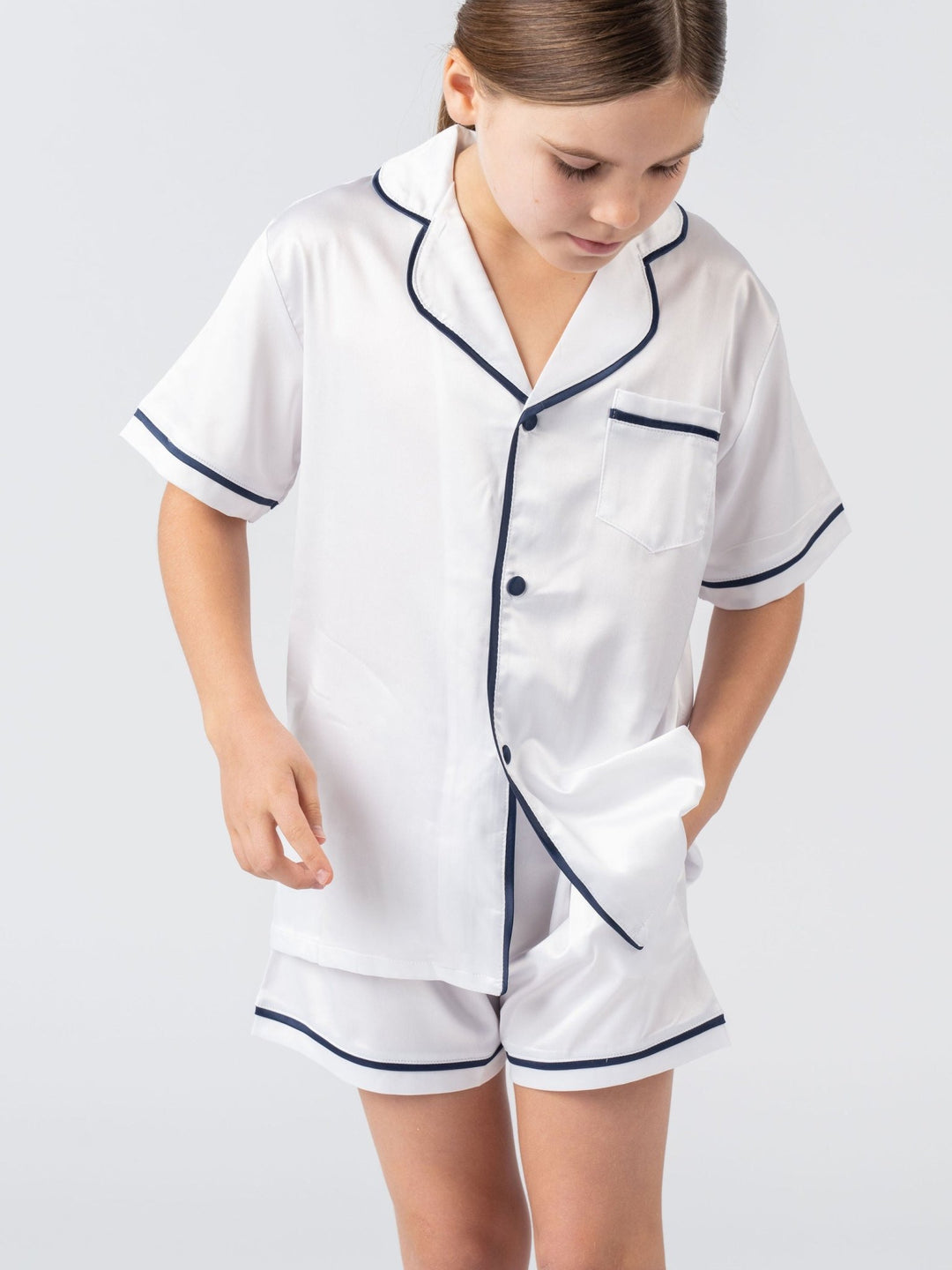Kids Satin Personalised Pyjama Set - Short Sleeve White/Navy
