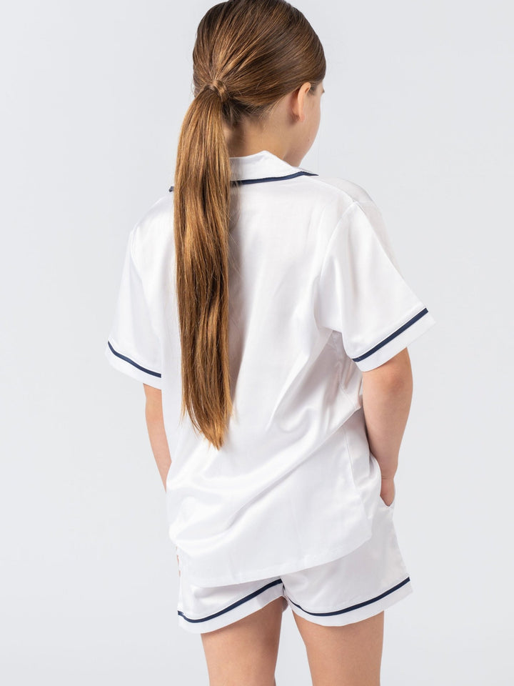 Kids Satin Personalised Pyjama Set - Short Sleeve White/Navy