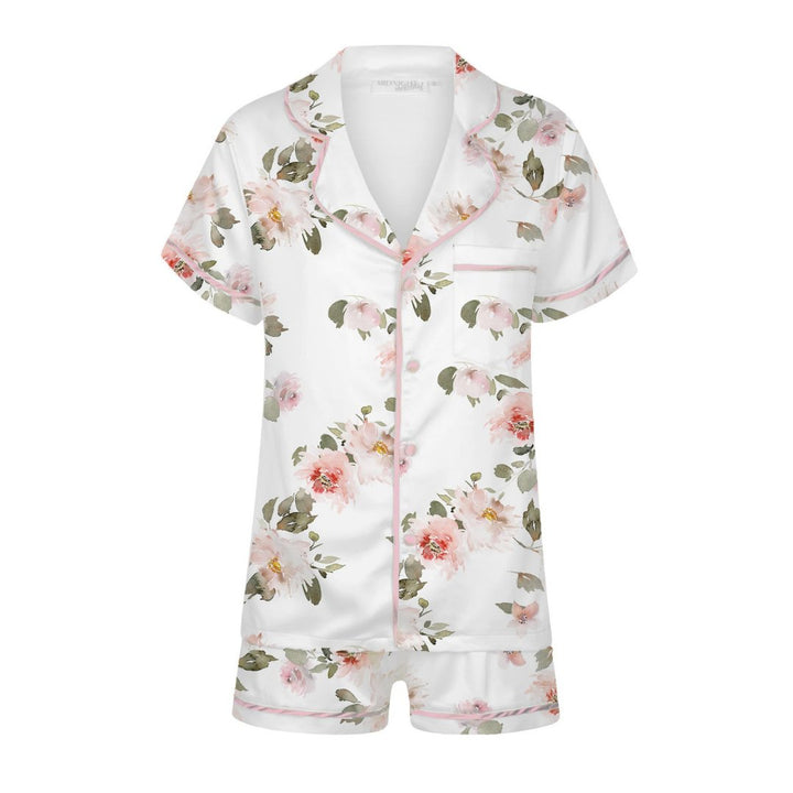 Pre-embroidered Limited Edition Satin Pyjama Set - Short Sleeve Floral Print