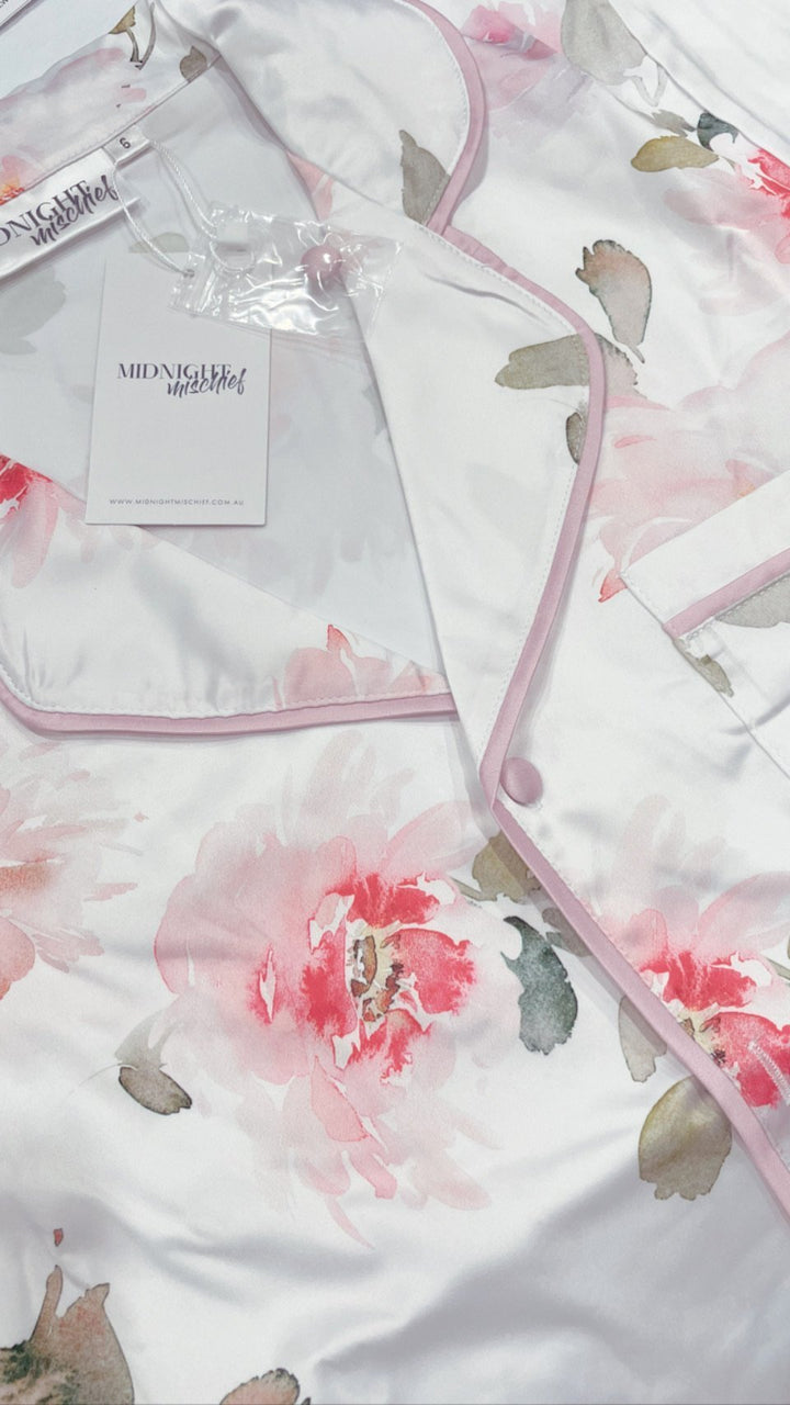Pre-embroidered Limited Edition Satin Pyjama Set - Short Sleeve Floral Print