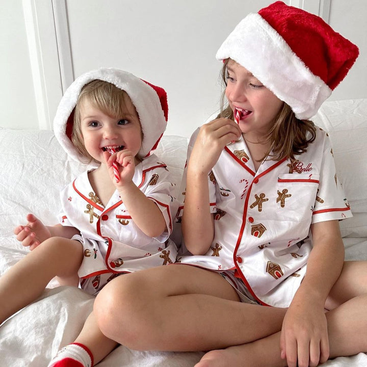 Kids Christmas Satin Personalised Pyjama Set - Gingerbread Print