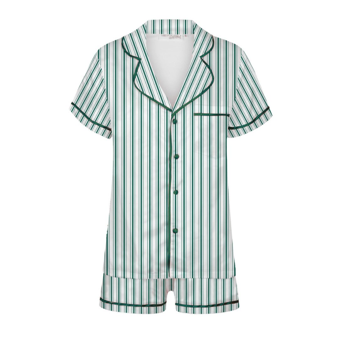 Kids Satin Personalised Pyjama Set - Green/White Stripes