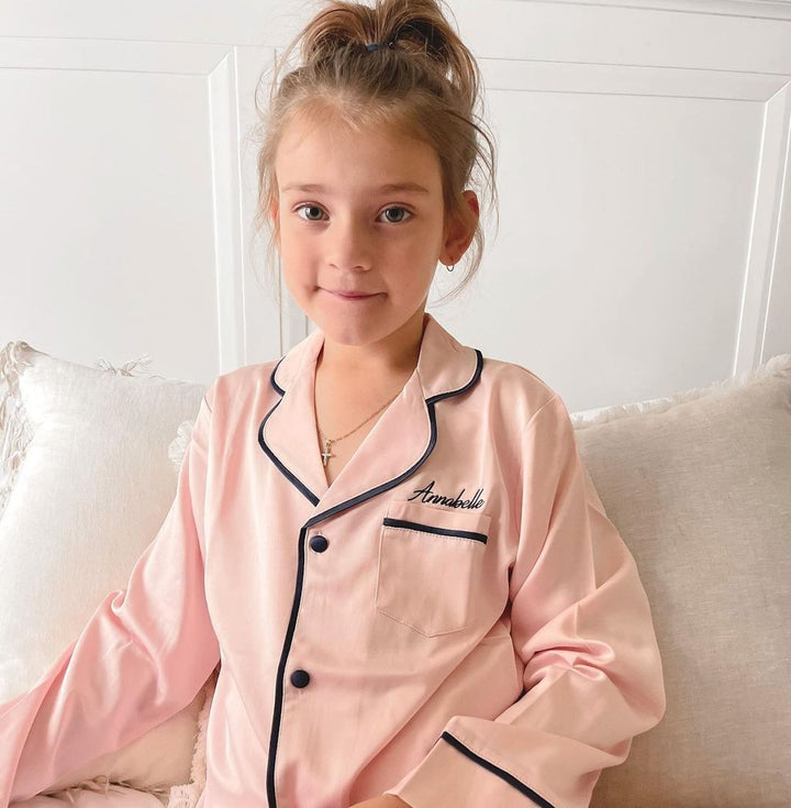 Kids Satin Personalised Pyjama Set - Long Sleeve with Shorts Pink/Navy
