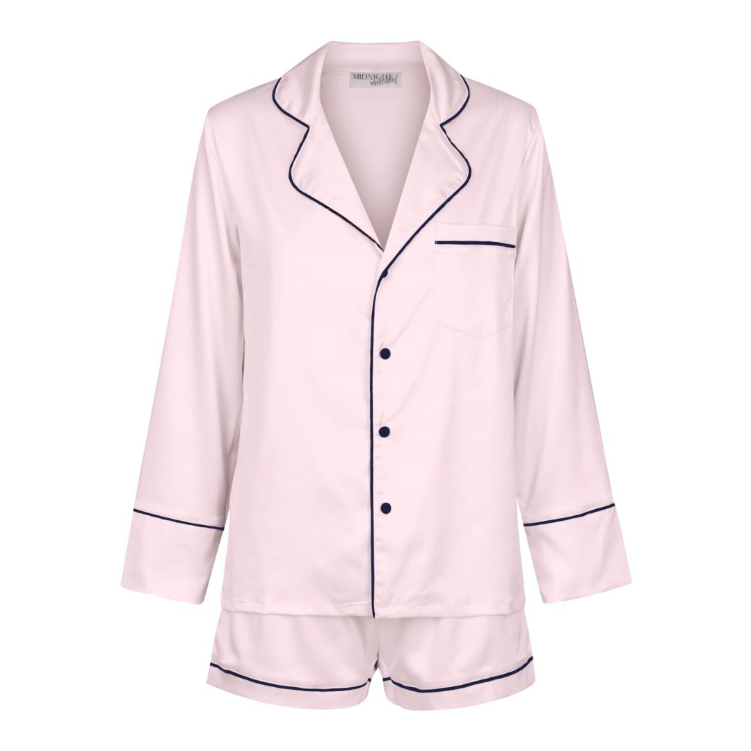Kids Satin Personalised Pyjama Set - Long Sleeve with Shorts Pink/Navy