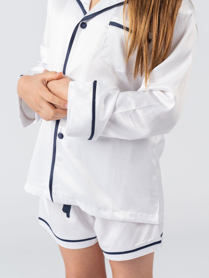 Kids Satin Personalised Pyjama Set - Long Sleeve with Shorts White/Navy