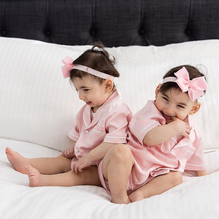 Kids Satin Personalised Pyjama Set - Short Sleeve Bubble Gum Pink/White