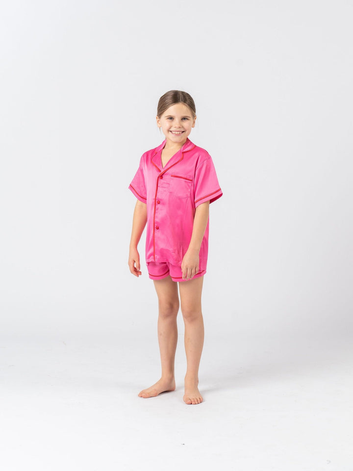 Kids Satin Personalised Pyjama Set - Short Sleeve Hot Pink/Red