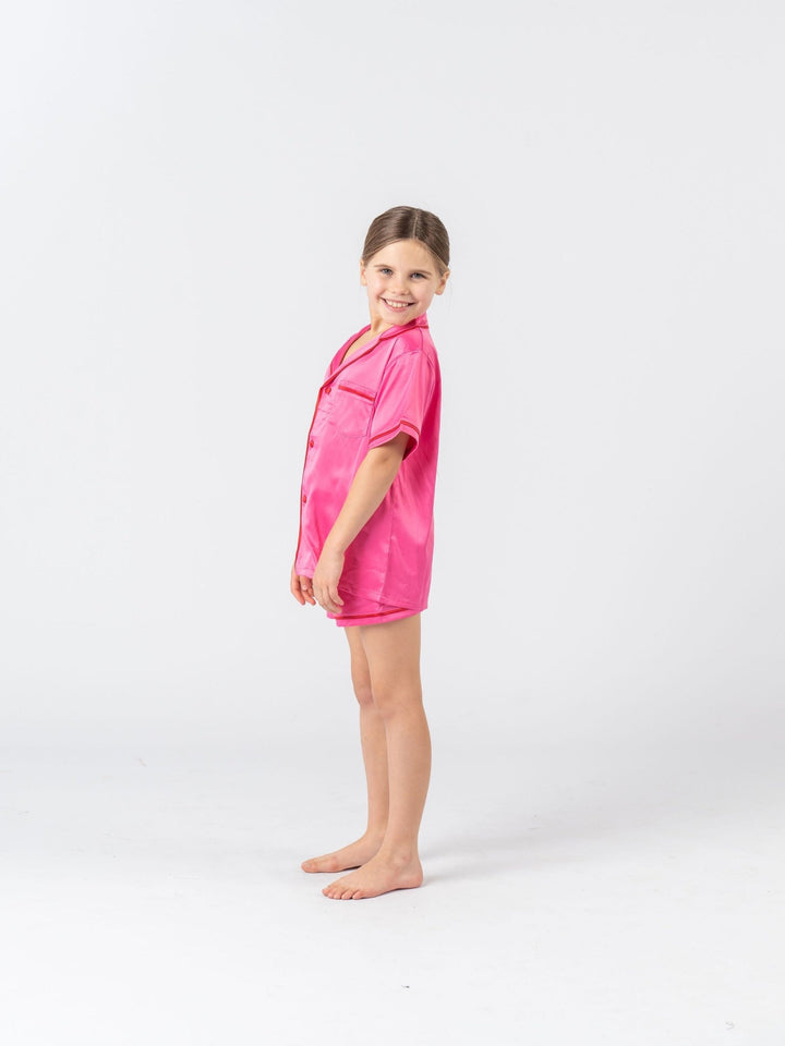 Kids Satin Personalised Pyjama Set - Short Sleeve Hot Pink/Red