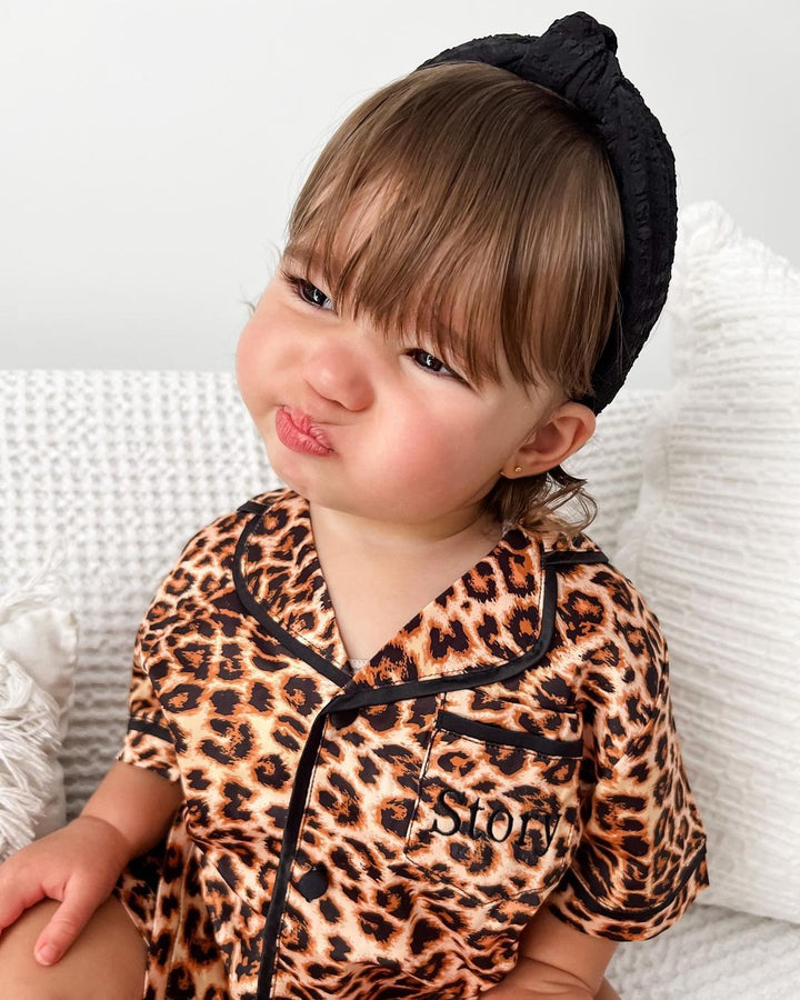 Kids Satin Personalised Pyjama Set - Short Sleeve Leopard Print