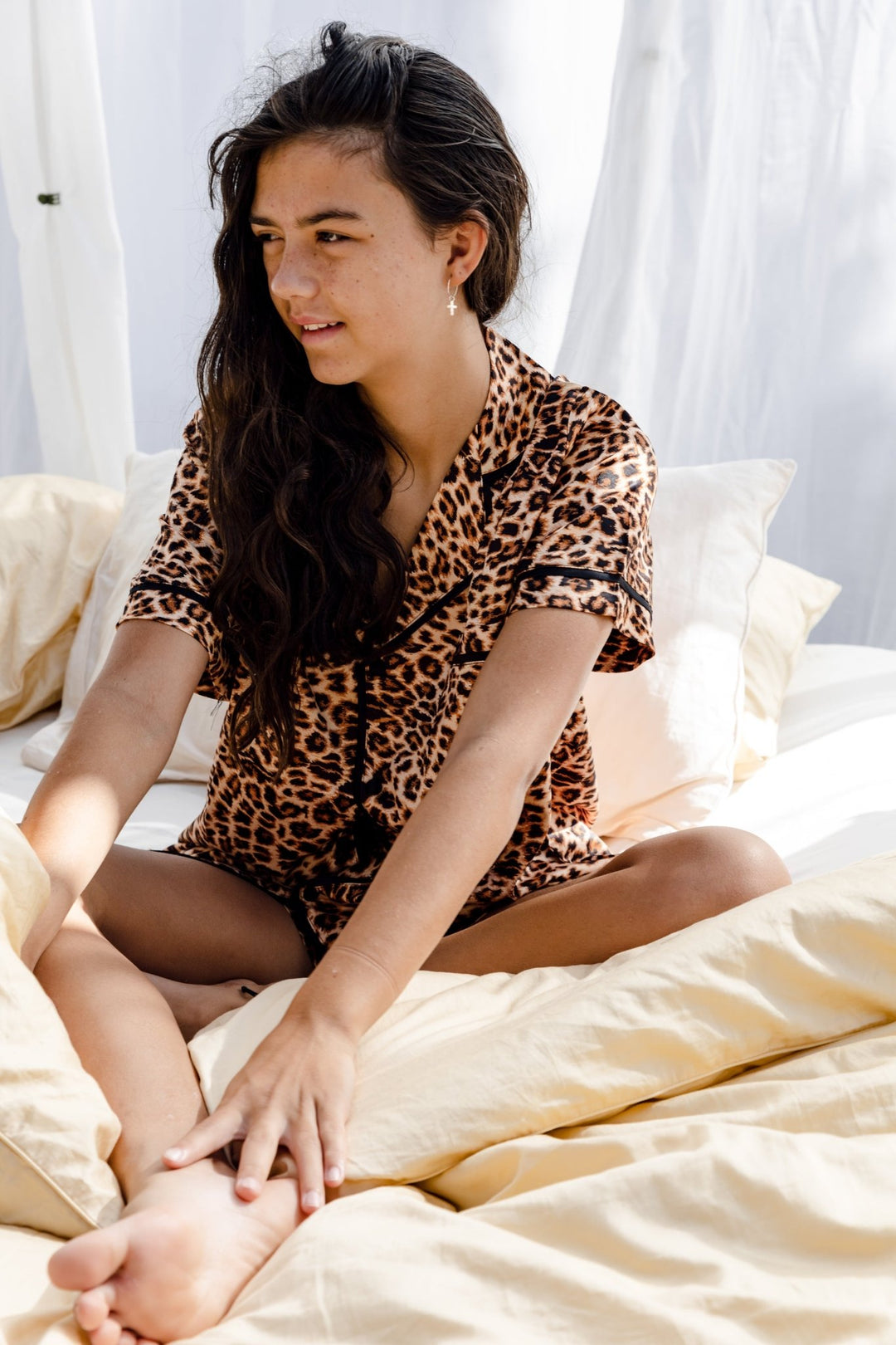 Kids Satin Personalised Pyjama Set - Short Sleeve Leopard Print