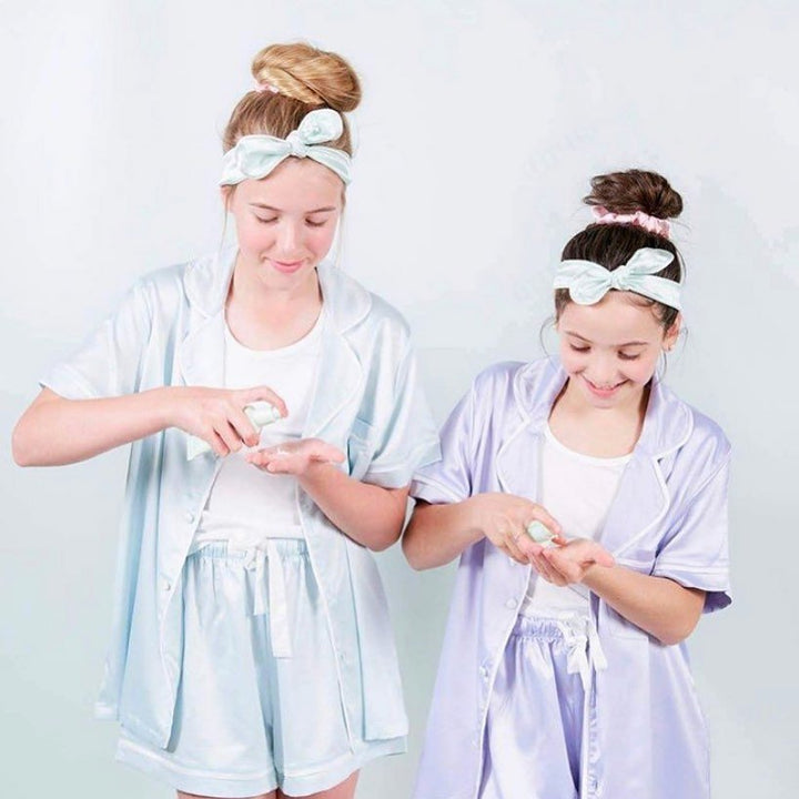 Kids Satin Personalised Pyjama Set - Short Sleeve Pastel Blue/White